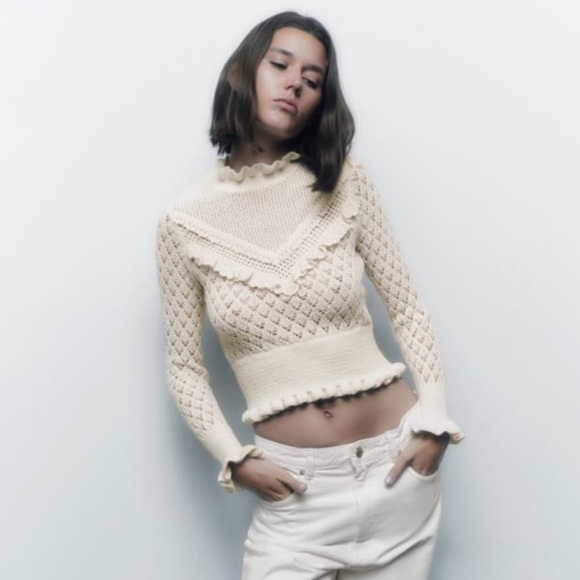 ZARA CROCHET POINTELLE RUFFLE SWEATER - Picture 4 of 10